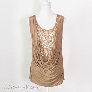 New York & Co Waterfall Sleeveless Top XL Mocha Gold Sequins Cowl Draped Y2K